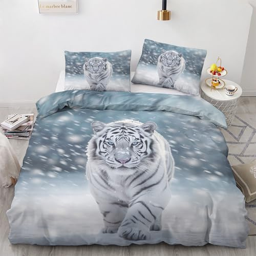 Weißer Tiger Bettwäsche 135x200 Winter - Wilde Tiere Bettbezug 135 x 200 2er Set, Wendebettwäsche und Kissenbezug 80x80, Weiche & Angenehme & Warme Mikrofaser Bettwäsche-sets mit Reißverschluss