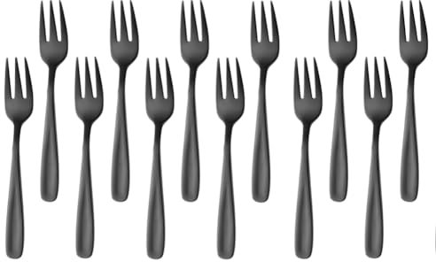 SBOMHS Lot de 12 fourchettes à dessert en acier inoxydable - Petites fourchettes à fruits - Pour mariage, gâteau, thé - Longueur : 13,6 cm - Noir