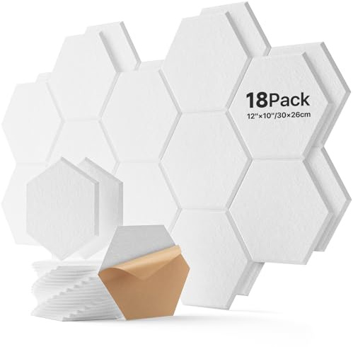 18 Pack Hexagon Acoustic Panels, Sound Proofing Panels Self-Adhesive, High Density Sound Absorbing Panels for Podcaster, Sound Recordist, Game Room 12 X 10 X 0.4
