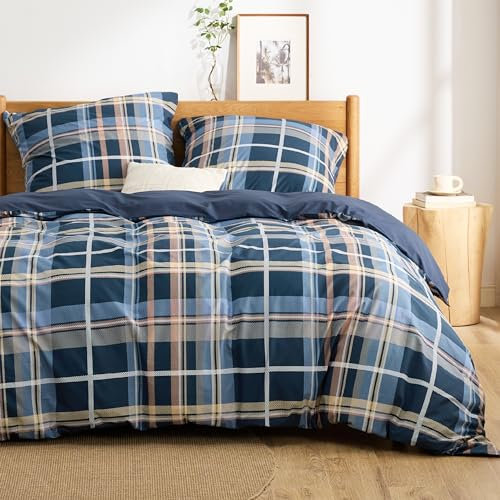 BEDSURE Parure de lit 220x240 en coton - Ensemble de literie 220 x 240 cm 3 pièces avec 2 taies d'oreiller 80x80 cm, Parure de lit réversible OEKO-TEX avec fermeture éclair Bleu à carreaux