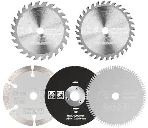 BALUGAEA Set di 5 lame per sega circolare da 85 mm, mini accessori per seghe circolari HSS/TCT, lama da taglio diamantata, lame circolari per legno/metallo/plastica, diametro interno 15 mm