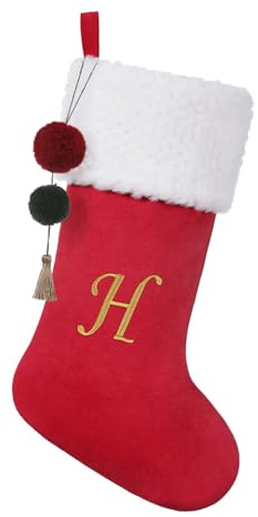 Pxniy Calcetín de Navidad de terciopelo personalizado de 19.5 pulgadas, con iniciales bordadas, con pompones, para decoración colgante de chimenea y regalo de Navidad (rojo H)