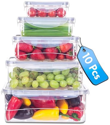 5-Piece BPA-Free Plastic Food Storage Containers with Steam Vent Lid - Microwave & Dishwasher Safe, Freezer Safe, Stackable, Leak-Proof Snap Lock Lids - For Soups, Fruit & Meal Prep (10 Pieces Total)