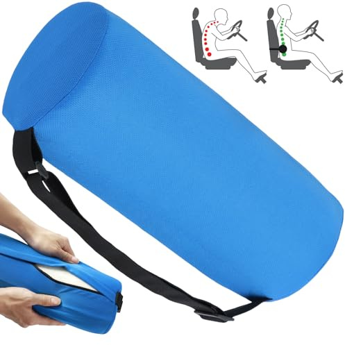 Lumbar Roll Pillow for Lower Back Lumbar Support Pillow Memory Foam Roll Pillow with Removable Elastic Strap Washable Cover Ergonomic Neckroll Pillow 11 inch Length Back Support Roll for Chair (Blue)