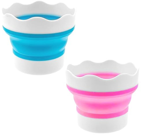 XPEX 2 Stück Wasserbecher Für Pinsel Kinder,9.5 * 8Cm Faltbarer Wasserbecher Für Wasserfarben, Wasserfarben Becher, Silikon Malbecher, Malerei, Wasserbecher Für Aquarell Acryl Ölgemälde(Blau/Rosa)