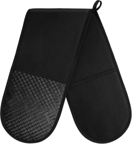 Double Oven Gloves With Maximum Heat Protection, Black Double Oven Mitts With Silicone Resistant Grip Cooking Glove For Kitchen, Modern Oven Mitt & Potholder.