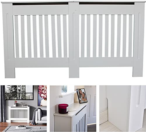 Radiator Cover,Modern White Wood Painted MDF Radiator Cover Large Vertical Slat Radiator Shelves for Living Room Hallway and Bedroom Decoration Durable Heating Cabinet (152W x 19D x 82H cm)