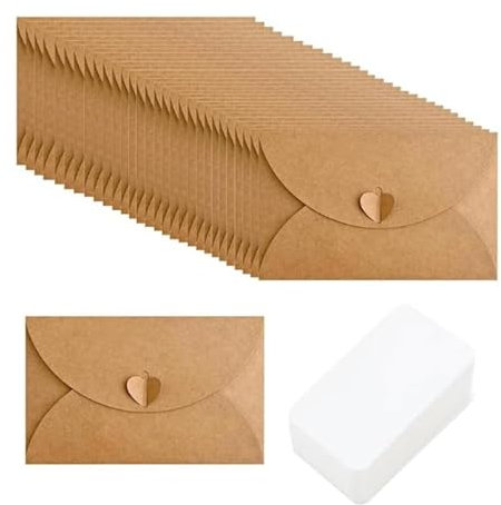 50er Set blanko Falt-Karten,Briefumschläge,Kleine Karten Mit Umschlag,10 Farben Kugelschreiber,Vintage Mini Kraftpapier Umschläge,Klappkarten Blanko mit Umschlag für Geschenkkarten DIY Dankeskarten