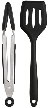 Wiltshire Silicone Mini Kitchen Tongs & Turner, Set of 2, Midnight Black | Spatula & Cooking Tongs, Salad BBQ Tongs Stainless Steel, Fish Slice, Heat-Resistant Utensil, Non-Stick, Non-Scratch