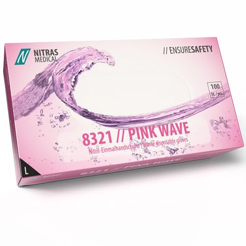 Nitras 8321 PINK WAVE unsterile medizinische Nitril-Einmalhandschuhe Farbe rosa, 100 Stück im Spenderkarton, latexfrei & puderfrei, Touchscreen kompatibel (L)
