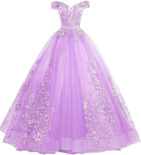 Tingyanyan Schulterfrei Abendkleider Tüll Prinzessin Lange Party Ballkleider Quinceanera Kleider Flieder Größe 44