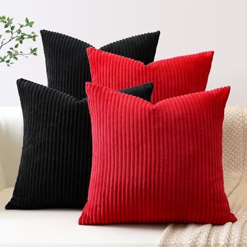 JOTOM 4er Set Cord Kissenbezüge Kissenhülle Dekorative Zierkissen Couchkissen Sofakissen Dekokissen Kordsamt Kissenbezug Deko Kissenhülle für Sofa Wohnzimmer (40x40cm, Rot Schwarz)