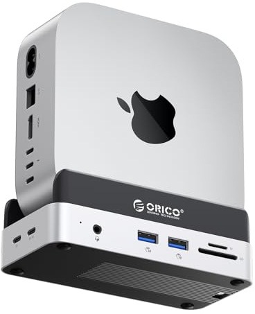 ORICO MiniDock 10Gbps Mac mini M4 Dock & Ständer mit NVMe SSD Gehäuse | 2*USB-A 10Gbps, SD/TF 3.0, 3.5MM Aux, M.2(NVME 10Gpbs)*1 Unterstützt SSD B+M M-Key, USB-C(5V)，Aluminiumlegierung, VSE