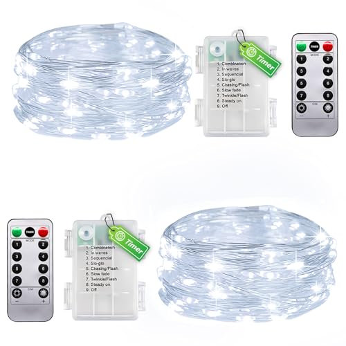Taiyongkang Lot de 2 guirlandes lumineuses d'intérieur avec minuterie et télécommande - 5 m - 50 LED blanches - Guirlande pour chambre à coucher, Noël, mariage