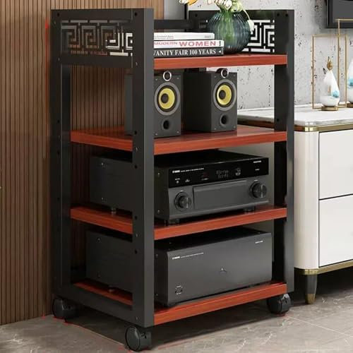 Stereo Cabinet AV Component Media Stand MultiTier Audio Rack Rolling Audio Tower FloorStanding Cabinet CD Player Stand Adjustable Corner Shelf Hifi Rack(Size:4 Tier,Color:Teak)