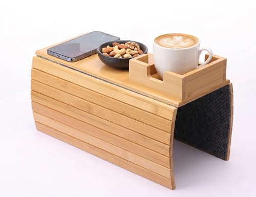 LuLobtg Wooden Sofa Armrest Tray with Cup Holder, Foldable Couch Arm Table & Remote Control Organizer, Anti-Slip Armchair Side Tray for Snacks, Drinks & Cellphone, Fits Most Straight & Curved Arms