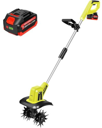 Cultivador eléctrico de jardín, rotavator inalámbrico de 4 Cuchillas de Acero, Potente motocultor portátil con batería Recargable y Cargador, for jardín, huertos y césped.(Battery*1)