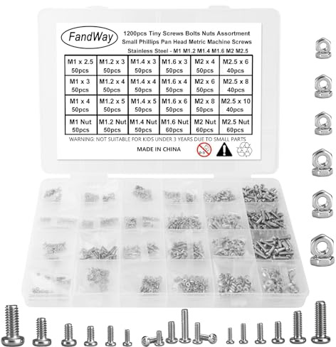FandWay 1200 Stk Kleine Schrauben Set,Mini Schrauben Muttern Set,Edelstahl 304 Mikro Maschinenschrauben mit Muttern M1 M1.2 M1.4 M1.6 M2 M2.5 Kreuzschlitzschrauben Für Elektronik Uhrmacher Brillen