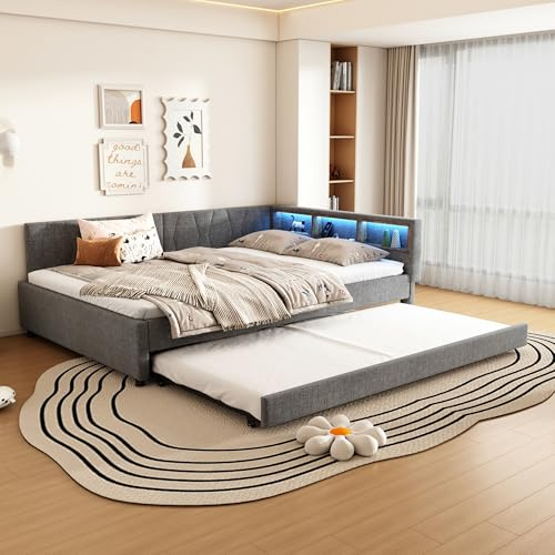 Merax Schlafsofa 140x200 cm Tagesbett Ausziehbar mit farbwechselndem LED-Streifen, USB+Type-C, Ablagefach am Bett, Ausziehbett mit Lattenrost, Leinen, Bettrahmen ohne Matratze, Grau