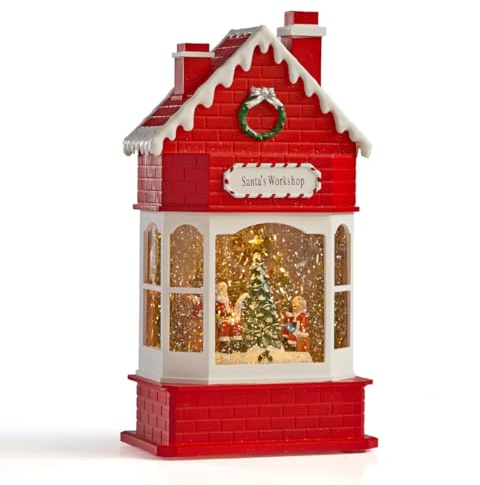 The Christmas Workshop Light-Up Snow Globe/Festive Design with Swirling Glitter and Warm White LED Glow/Battery or Mains Powered (Santa's Workshop)