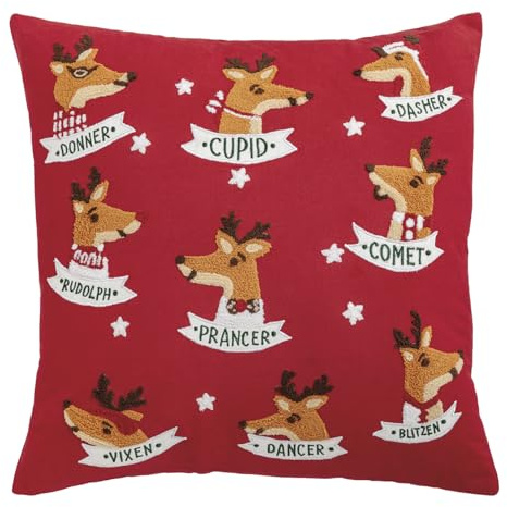 Mud Pie Christmas Reindeer Name Pillow, 20 x 20, RED
