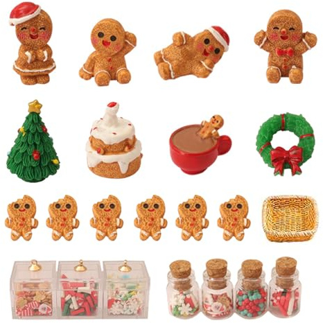 wuyukeji Weihnachtswichtel Zubehör Set,22 Stück Puppenhaus Zubehör,Weihnachtswichtel Miniatur Zubehör Mit Mini-Weihnachtskranz, Weihnachtsbaum, Lebkuchenmann für Weihnachtsdekoration