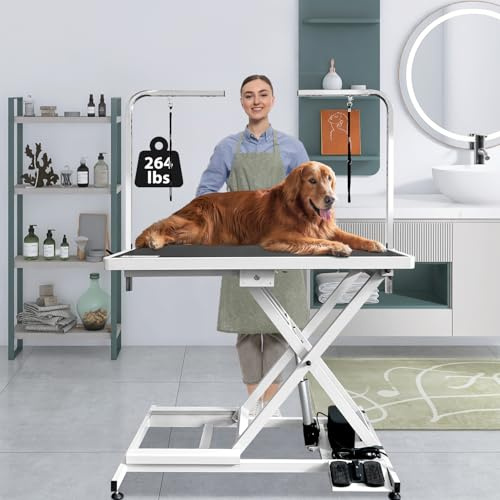 UDSONFY Electric Pet Dog Grooming Table, 50 Heavy Duty Grooming Table Professional X-Lift for Large Dogs Adjustable Height: 11-44, Non-Slip, 2 Nooses, White