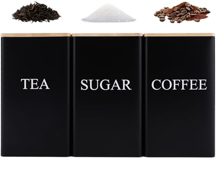 Gabrella 3 Piece Tea Coffee Sugar Canister Set - 1000ml Metal Airtight Kitchen Storage Tins with Bamboo Lids & Chalkboard Labels for Countertop Organisation, Black