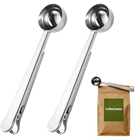 2 PCS Coffee Scoop with Bag Clip 2 in 1 Coffee Measuring Spoon Stainless Steel Coffee Bags Sealer for Cafetiere Ground Coffee and Beans