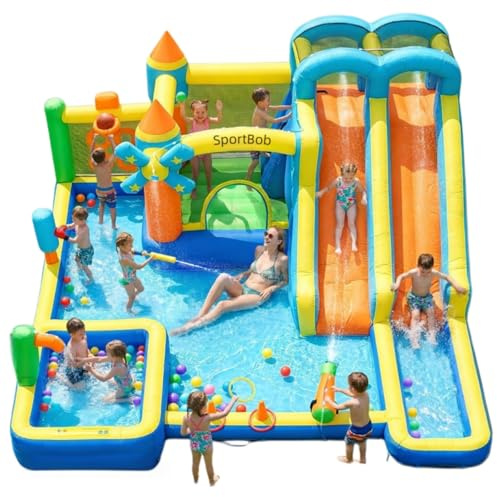 SportBob Large Double Slide Inflatable Bouncy Castle with 750W Blower, Climbing Wall, Paddling Pool & Basketball Hoop, Indoor Outdoor Kids Bounce House for Birthday Garden Party,480 x 440 x 210cm