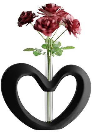 Shapes - Decorations Herz Vase Modern, Recycelter Kunststoff, Minimalistische Tischvase mit Glasröhrchen für Einzelblume, Matt Finish, 18 x 13 cm, Wasserdicht, Valentinstag (Schwarz)