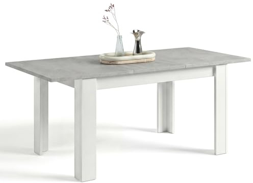 duehome | Mesa de Comedor Extensible, Mesa Rectangular, Modelo Sira, Acabado en Blanco Artik y Gris Cemento, Medidas: 123-173 cm (Largo) x 75 cm (Ancho) x 78 cm (Alto)