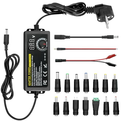 Universal Netzteil 3-24V 96W 3A, Einstellbarer AC/DC Spannungsadapter mit LED Anzeige, Universal Ladegerät 100V-240V, 14 Tipps, Polaritätskabel für Router, LED-Streifen, Monitor und Haushaltsgeräte