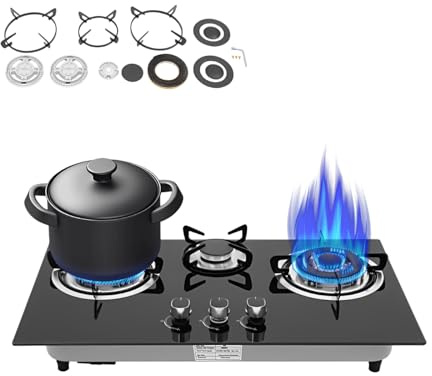 Cocina de gas de 3 fuegos, placa de gas empotrable de 73 cm, NG/LPG convertible, 3 zonas de cocción (3,3 kW, 1,75 kw, 3,3 kw), encendido por impulso, instalación o independiente, protección contra