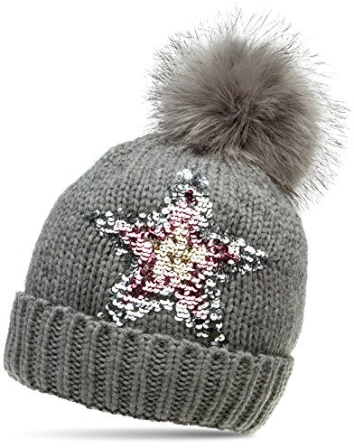 Caspar MU161 Damen Strick Winter Mütze mit Pailletten Stern und großem Fellbommel