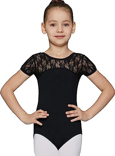 MdnMd Black Gymnastic Ballet Dance Lace Leotard for Girls Kids Children (Black, Age 8-10)