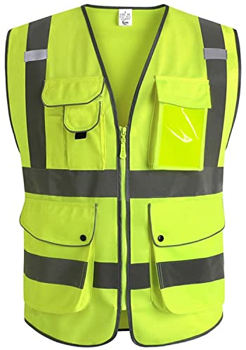 XIAKE Unisex 9 Taschen Warnweste Hohe Sichtbarkeit Weste Reflektierende EN ISO 20471 Standards mit Reißverschluss Gelb 3XL