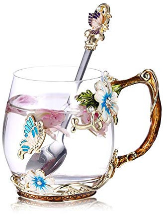 Luka Tech Handmade Enamel Butterfly Flower Glass Coffee Mugs Tea Cup with Spoon,Birthday Gifts for Her Women Mum Friends Valentines Mothers Day