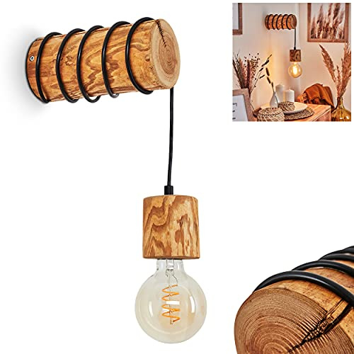 Vägglampa Canedo, modern vägglampa av trä i naturbetsad/svart i skandinavisk design, 1-lampa, 1 x E27, väggspot i retro/vintage-design, utan glödlampa