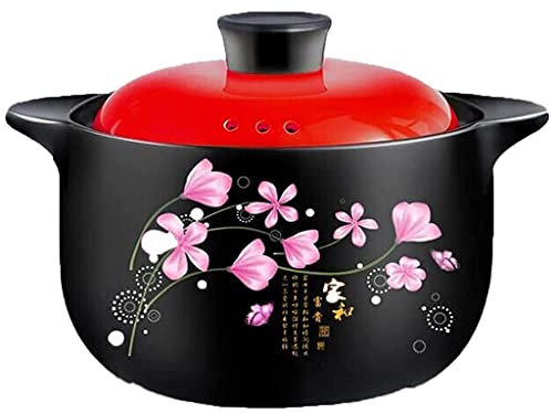 Zuppiera con coperchio a doppio manico in pura ceramica con fuoco aperto Piatto rotondo in ceramica nera Casseruola/pentola di argilla/pentola di terracotta/pentole (5L) (5L)
