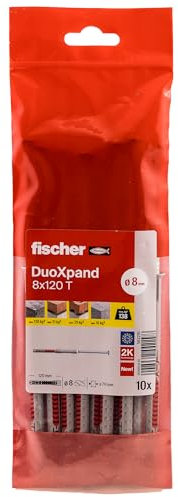 fischer DuoXpand 8 x 120 T, hochwertiger Universaldübel mit verzinkter Senkkopfschraube (10 Stk.), Dübel für starken Halt, ideal für poröse Baustoffe & randnahe Verankerungen