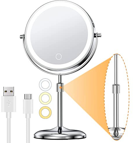 Gospire Wiederaufladbar Kosmetikspiegel mit Licht, 1X/10X Vergrößerung, 3 Farben Dimmable & Höhenverstellbar 7 Schminkspiegel, 360°Schwenkbar Doppelseitiger LED Make-up Spiegel, Chrom