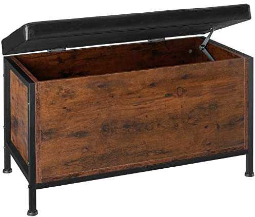 tectake Sitztruhe mit Stauraum, gepolsterte Sitzbank, Industrie-Look, Polsterung aus Kunstleder, 81,5 x 41,5 x 50,5 cm, Vintage Schuhbank, schwarzes Metallgestell (Industrial Dunkelbraun)