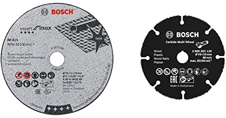 Bosch Accessories 5 disques à tronçonner Expert for Inox (76 x 10 x 1 mm) & Disque à tronçonner Carbide Multi Wheel (pour bois, plastique, tuyau en cuivre, Ø 76 mm, alésage Ø 10 mm)