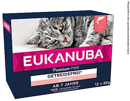 EUKANUBA Senior Katzenfutter nass getreidefrei - Premium Nassfutter mit viel Lachs für ältere Katzen, 12 x 85 g