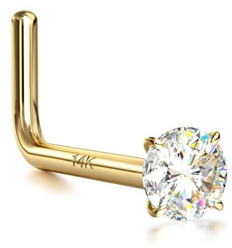 BUTADR 14K Real Gold Nose Studs, 18G 20G Solid Gold L Shaped Nose Rings, Simulated Diamond CZ Hypoallergenic Nose Piercings for Women Men 20G 2MM