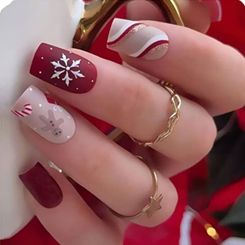 Prosy 24pcs Noël clous court carré faux clous Red Elk forêt flocon de neige faux clous bonhomme de neige feuille d'or paillettes pression clous dame et fille (A)