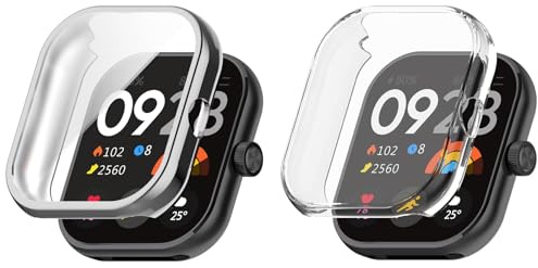 Kobmand 2pcs Funda Compatible con Xiaomi Redmi Watch 4 Funda Protectora, TPU Full Cover Película Protectora Funda Protectora para Xiaomi Redmi Watch 4 (Clear+Silver)