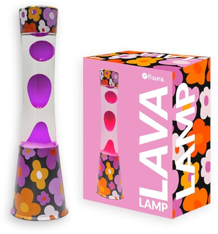 Fisura – Lavalampan blommor. Bas med blommönster, genomskinlig vätska och lila lava. Avkopplande effektlampa. Med extra glödlampa. 11 cm x 11 cm x 39,5 cm.