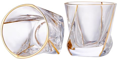 GLASKEY Kristall Whiskey Gläser 2er Set mit 24K Goldrand,Bargläser,Twisted Whiskyglas Gold Kollektion für Bourbon,Scotch und Wein,Rock Barware für Männer Geschenk - 240ml